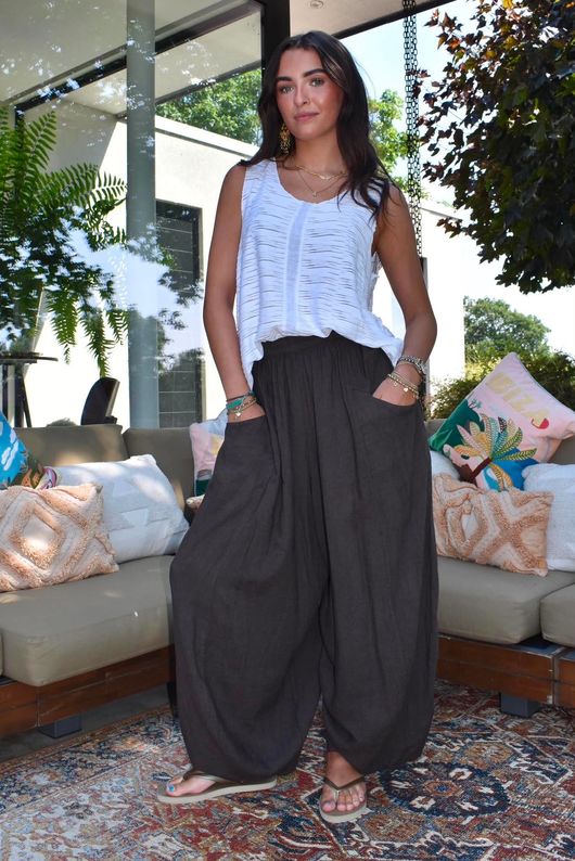 Sandbar Linen Blend Bloom Barrel Pant Chocolate